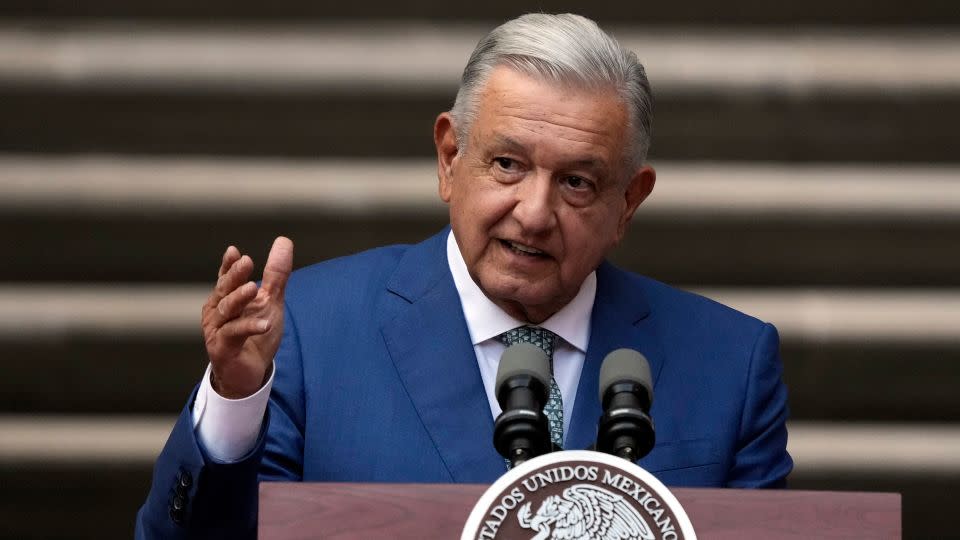 Lopez Obrador speaks at the National Palace in Mexico City in January 2023.  - Fernando Llano/AP