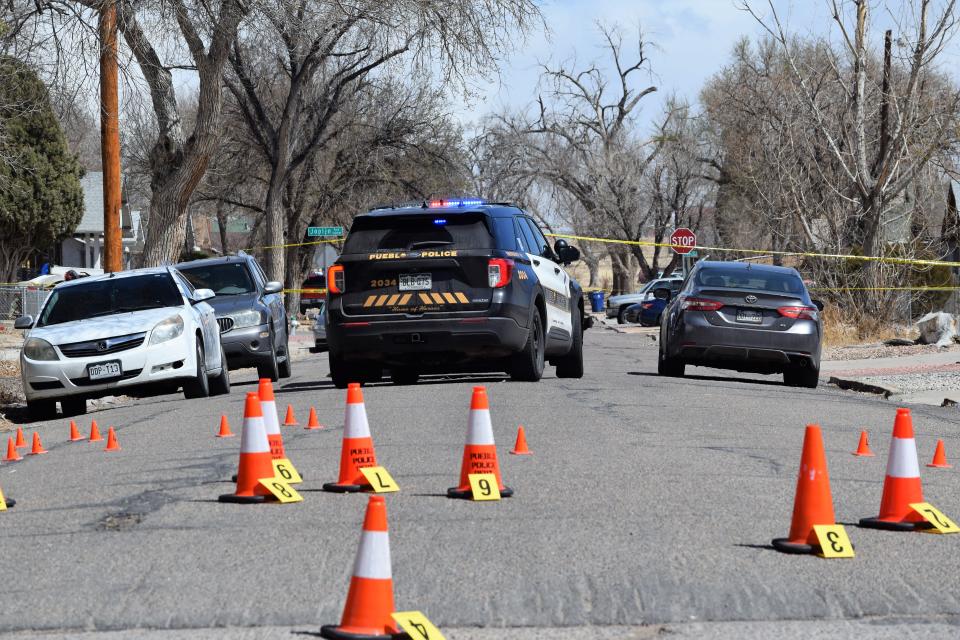 Pueblo police investigate the scene of an alleged homicide on Tuesday, April 4, 2023.