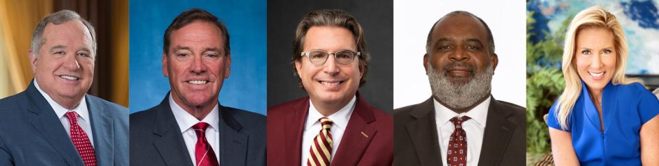 FSU's spring 2024 commencement speakers. (From left: James Seneff, U.S. Rep. Neal Dunn, Christopher Iansiti, FSU Coach Odell Haggins and Jacksonville Mayor Donna Deegan).