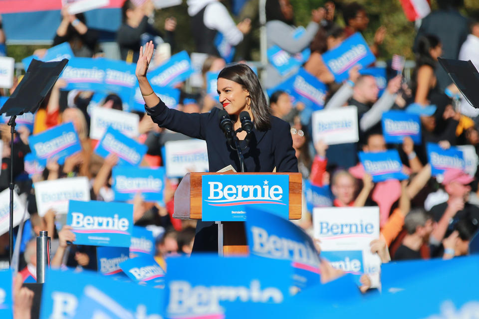 U.S. Representative Alexandria Ocasio-Cortez, Democrat of New York, speaks at the Bernie's Back Rally in Long Island City, New York on Saturday, Oct. 19, 2019. (Photo: Gordon Donovan/Yahoo News) 