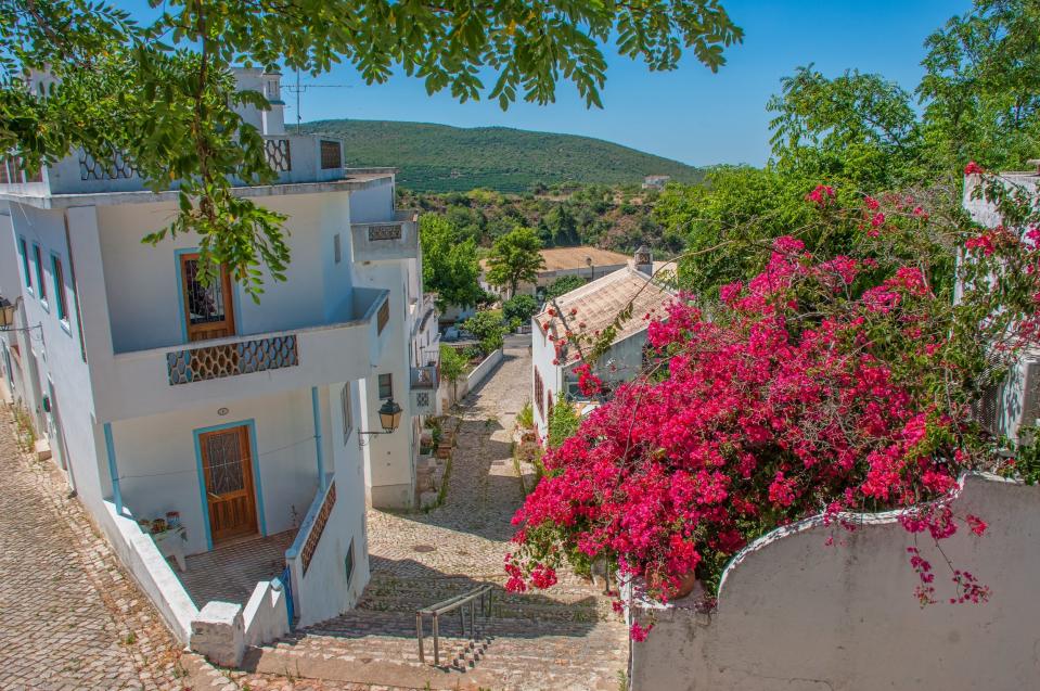 Pink flowers and white homes in Portugal.