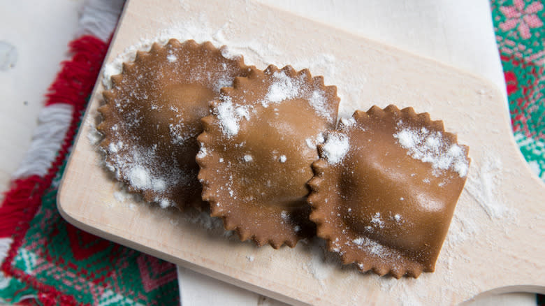 Tray of raw chocolate ravioli