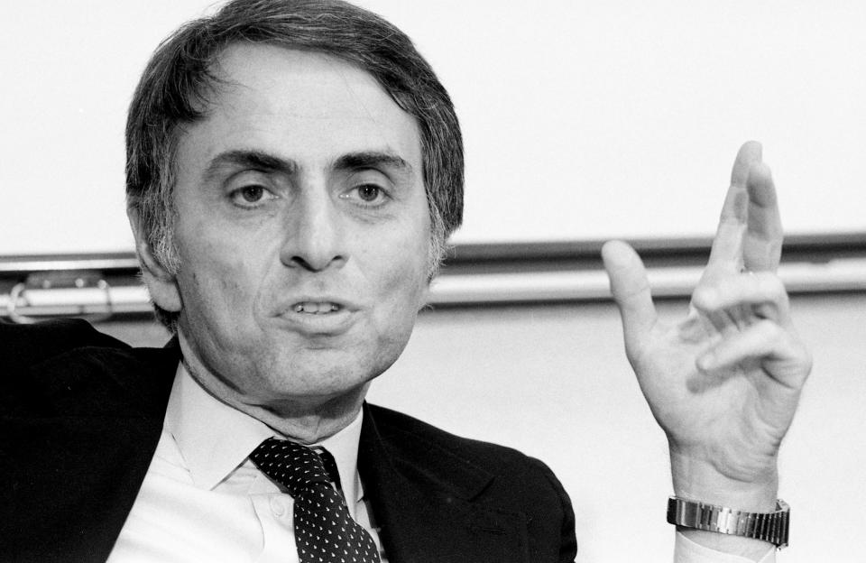 Astronomer and author Carl Sagan criticizes President Ronald Reagan’s “Star Wars” defense program for outer space as unworkable and too expensive and endorses Democrat Walter Mondale for president during a press conference at Nashville Municipal Airport Oct. 29, 1984.