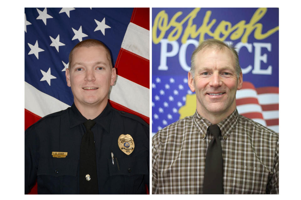 In this combination of undated photos provided by Waukesha and Oshkosh, Wis., Police Departments, show, from left, Waukesha police Sgt. Brady Esser, and Oshkosh police Resource Officer Mike Wissink. Investigators released the names of the two Wisconsin police officers Wednesday, Dec. 4, 2019, who injured students in back-to-back high school shootings this week. Esser shot a 17-year-old student at Waukesha South High School on Monday after the student allegedly pointed a pellet gun at another student. Wissink wounded a 16-year-old Oshkosh West High School student Tuesday after the boy stabbed him. (Waukesha and Oshkosh, Wis., Police Departments, Police Department via AP)