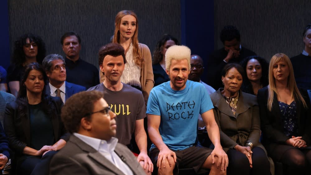  ) Kenan Thompson as Professor Norman Hemming, Mikey Day as Dean, Chloe Fineman as Patricia Faulkner, and host Ryan Gosling as Jeff during the "Beavis and Butt-Head" sketch on Saturday, April 13, 2024. 