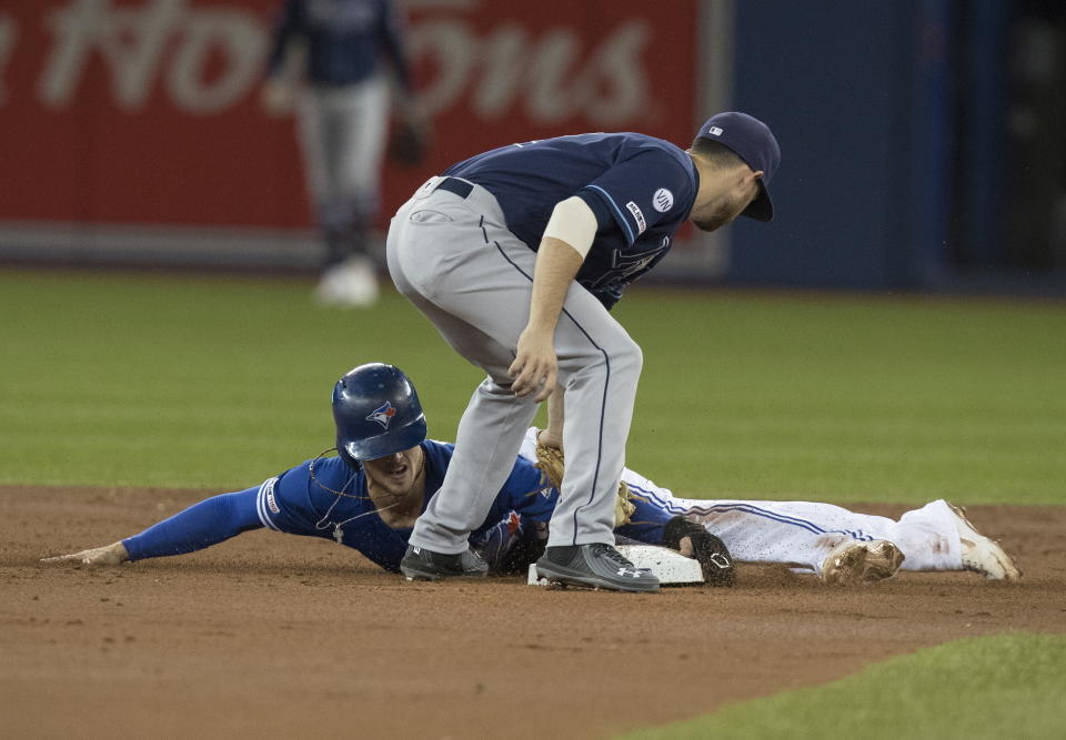 Toronto Blue Jays' Cavan Biggio, bottom, is safe stealing second base under the tag attempt by Tampa Bay Rays shortstop Willy Adames in the first inning of a baseball game in Toronto on Friday, Sept. 27, 2019. (Fred Thornhill/The Canadian Press via AP)