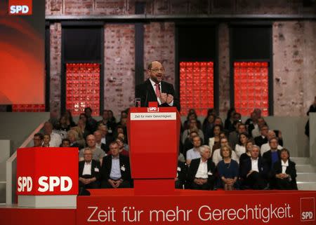 Incoming Social Democratic Party (SPD) leader and candidate in the upcoming general elections Martin Schulz addresses an SPD party convention in Berlin, Germany, March 19, 2017. REUTERS/Axel Schmidt