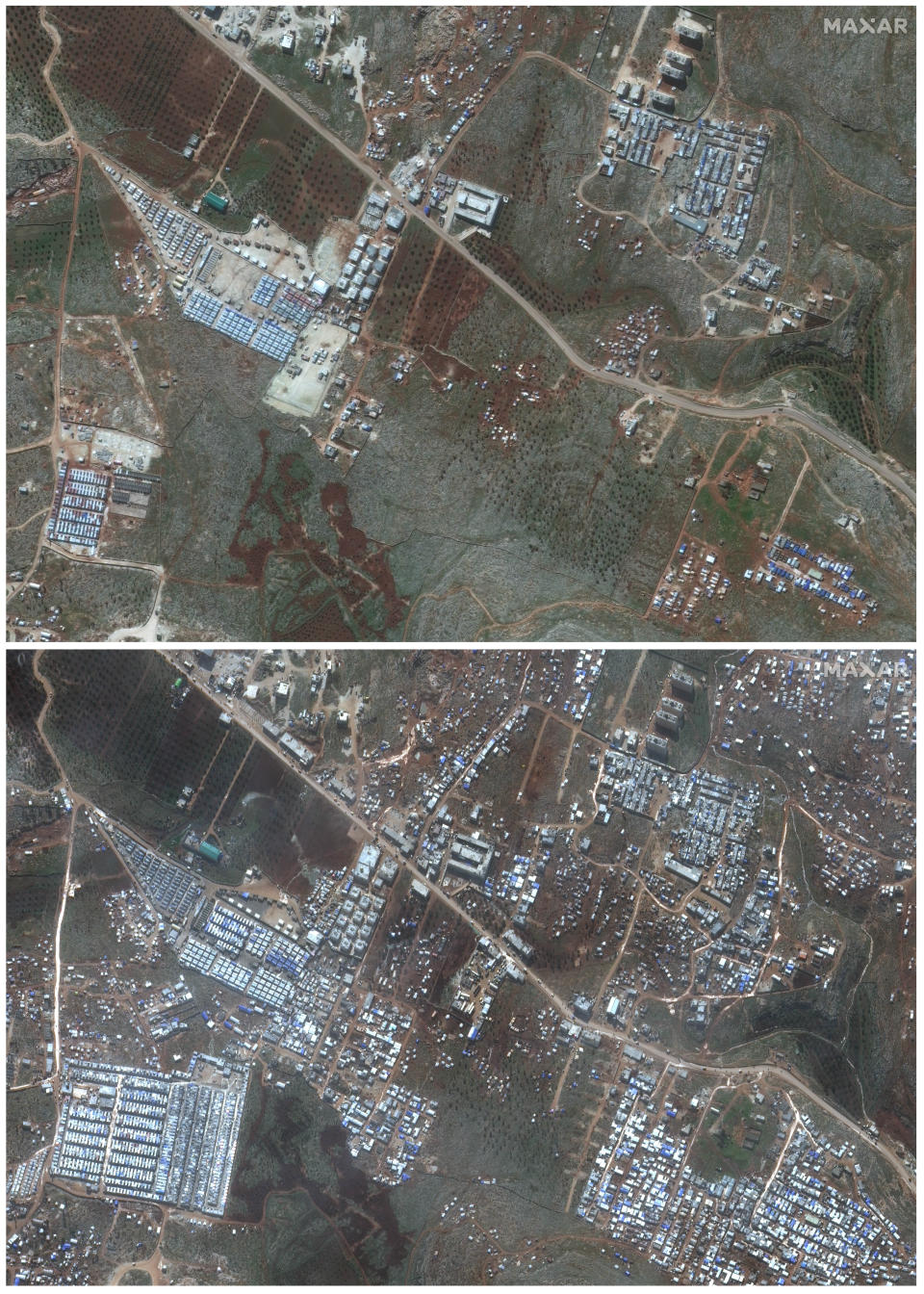 This combination of satellite images provided by Maxar Technologies shows an area near Deir Hassan in northern Syria's Idlib province near the Turkish border on Feb. 5, 2019, top, and the same area with a large number of refugee tents for internally displaced people on Feb. 16, 2020, bottom. The difference between the two images illustrates the rapid expansion of refugees as hundreds of thousands of civilians in the area are scrambling to escape a widening, multi-front offensive by Syrian President Bashar Assad's forces. (Satellite image ©2020 Maxar Technologies via AP)