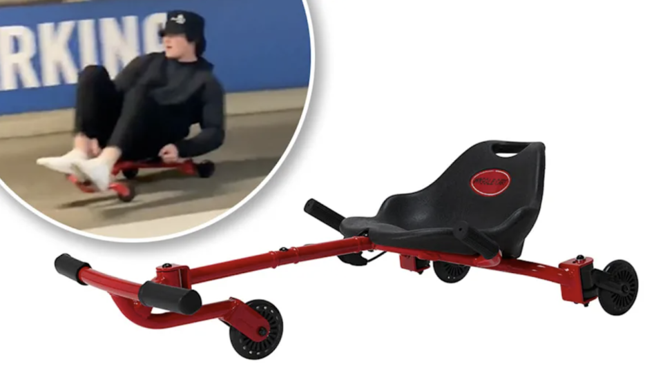 Pictured is a teen riding the Wiggle cart and a photo of the Wiggle Cart listed on the Kmart website.