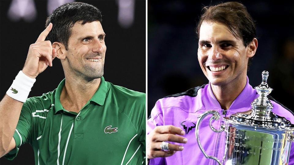 Novak Djokovic (pictured left) pointing and celebrating after a point and Rafa Nadal (pictured right) smiling and holding a trophy.