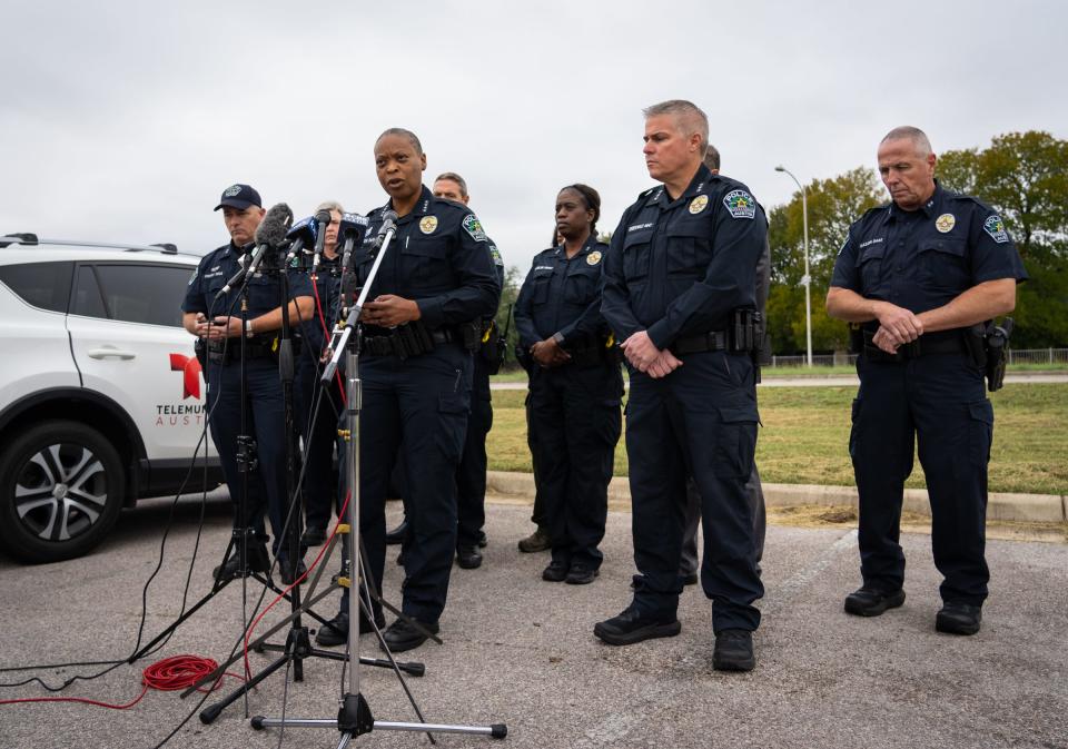 Interim Austin Police Chief Robin Henderson speaks to the press about the shooting death of an Austin Police Department officer, Saturday, Nov. 11, 2023 during a press conference held at Cowan Elementary School in south Austin.