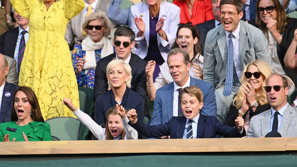 Pictured here, the Royal Box at Wimbledon erupts after Carlos Alcaraz beats Novak Djokovic to win the men's title. 