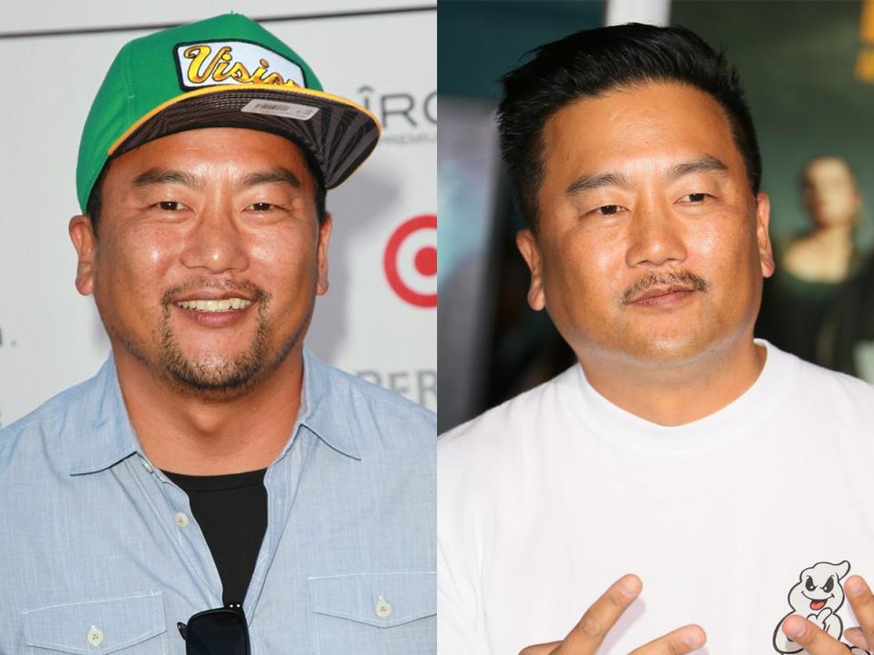 On the left, Roy Choi in a blue shirt and green hat. On the right, Roy Choi in a white chef's outfit.