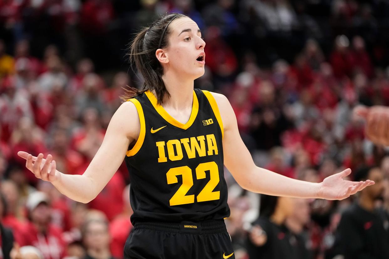 Iowa guard Caitlin Clark reacts to a call during Sunday's loss to Ohio State.