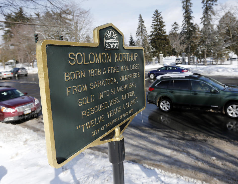 A Solomon Northup historical marker is seen on Thursday, March 13, 2014, in Saratoga Springs, N.Y. Northup was the author of "Twelve Years a Slave." (AP Photo/Mike Groll)