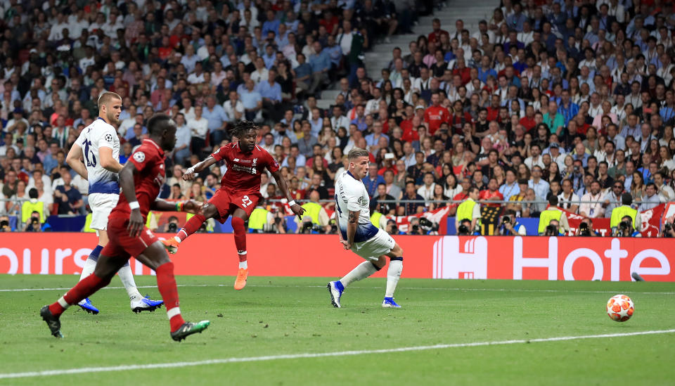 Liverpool's Divock Origi scores his side's second goal of the game during the UEFA Champions League Final at the Wanda Metropolitano, Madrid.