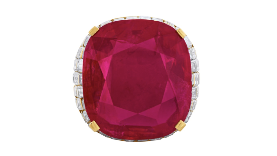 A ring attributed to Harry Winston containing a Burmese cushion-shaped ruby weighing 21.88 carats