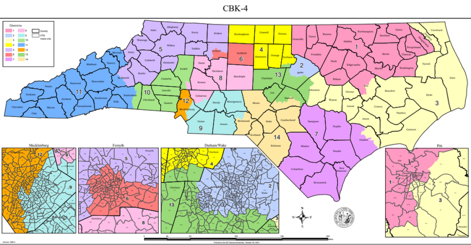 One of the potential congressional maps for North Carolina in the 2021 redistricting process, drawn by a Democratic state senator.