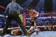 Juan Manuel Marquez (R) of Mexico steps away after knocking out Manny Pacquiao of the Philippines (bottom) in the 6th round during their welterweight fight at the MGM Grand Garden Arena in Las Vegas, Nevada December 8, 2012. REUTERS/Steve Marcus (UNITED STATES - Tags: SPORT BOXING TPX IMAGES OF THE DAY)