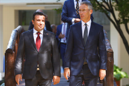 NATO Secretary-General Jens Stoltenberg and Macedonia's Prime Minister Zoran Zaev attend a news conference in Skopje, Macedonia, September 6, 2018. REUTERS/Ognen Teofilovski