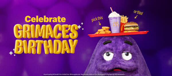 Grimace Birthday Meal, featuring a limited-edition purple shake inspired by Grimace's iconic color and sweetness. (Courtesy: McDonald's)