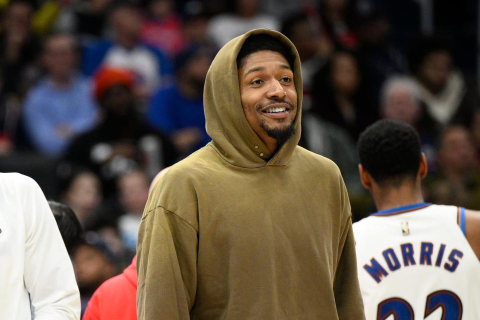 Washington Wizards guard Bradley Beal wears street clothes during a break in the second half of the team's NBA basketball game against the Phoenix Suns on Dec. 28, 2022, in Washington. Beal did not play due to injury. The Wizards won 127-102.