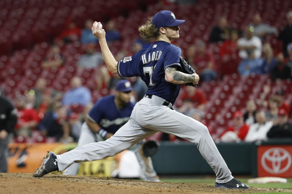 Brewers pitcher Josh Hader continued his dominance on Monday, setting a new MLB relief mark while striking out eight batters in a save. (AP)