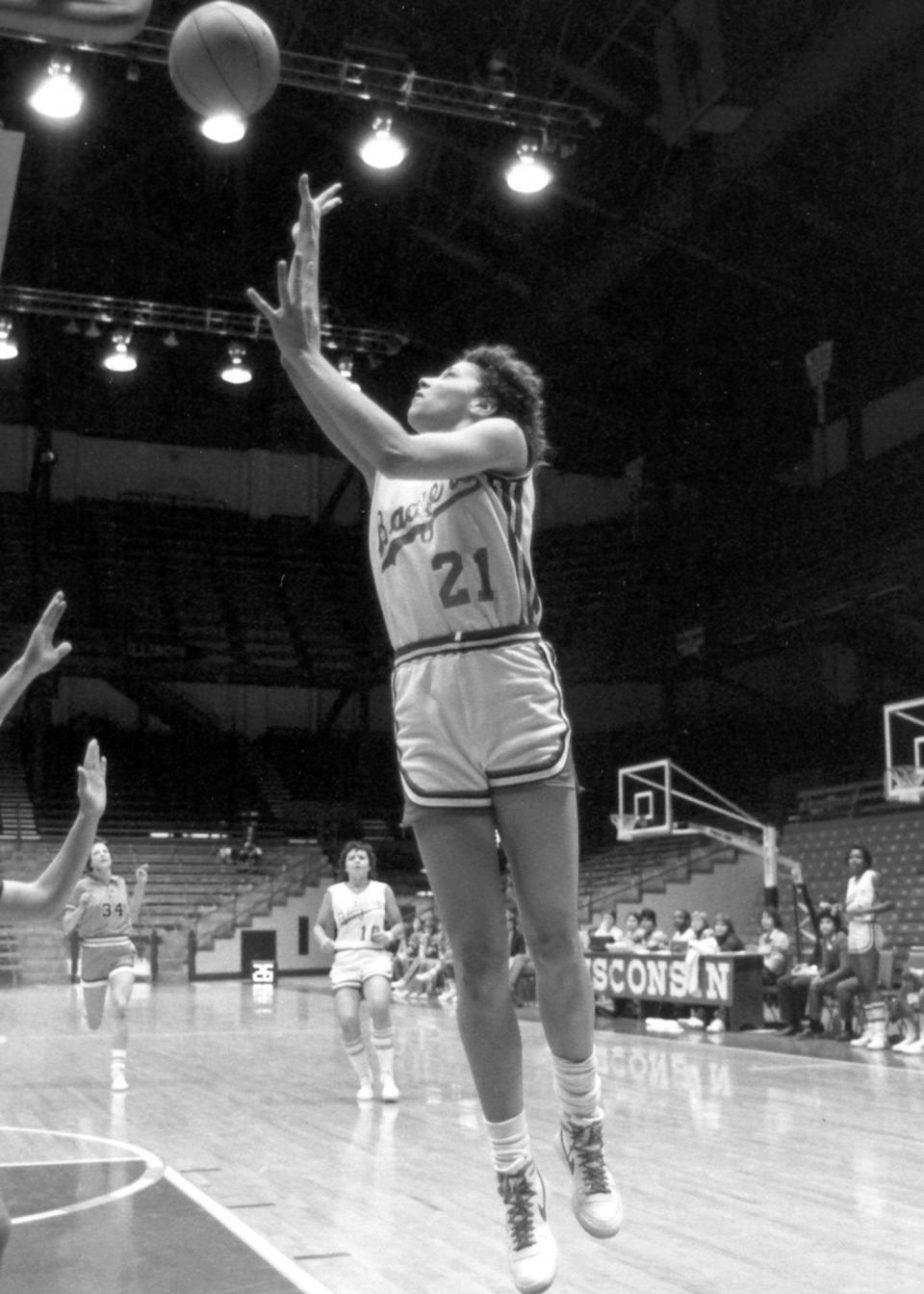 Theresa Huff takes a shot during her 1979-80 season at Wisconsin, her freshman year.