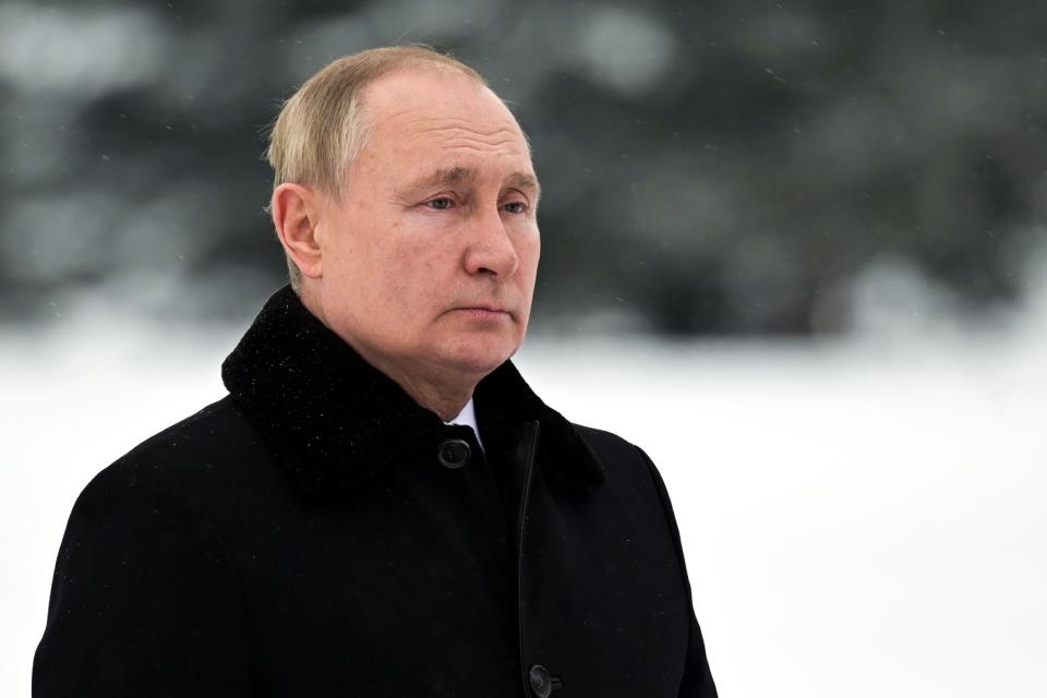 Russian President Vladimir Putin attends a wreath laying commemoration ceremony at the Piskaryovskoye Cemetery where most of the Leningrad Siege victims were buried during World War II, in St. Petersburg, Russia, on Jan. 27, 2022. All eyes are now on Putin, who will decide how Russia will respond amid fears that Europe could again be plunged into war.