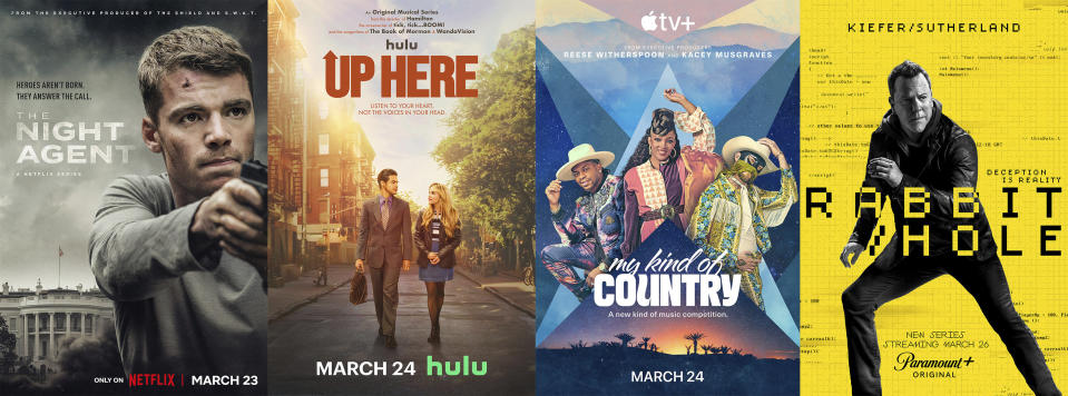 This combination of photos shows promotional art for "The Night Agent," a series premiering March 23 on Netflix, from left, "Up Here," a series premiering March 24 on Hulu, "My Kind of Country," a music competition series premiering March 24 on Apple TV+ and "Rabbit Hole," a series premiering March 26 on Paramount+. (Netflix/Hulu/Apple TV+/Paramount+ via AP)