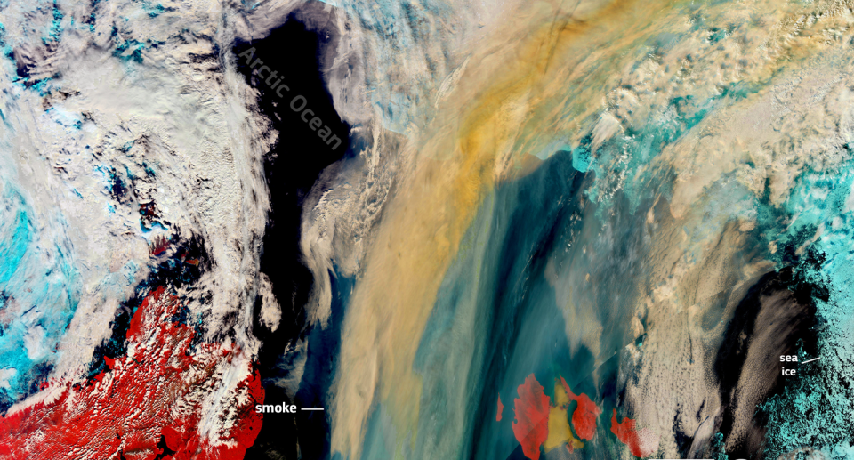 Extreme weather has led to unprecedented wildfires in Siberia, with smoke seen here billowing over the Arctic Ocean. Source: European Union, Copernicus Sentinel-3 imagery
