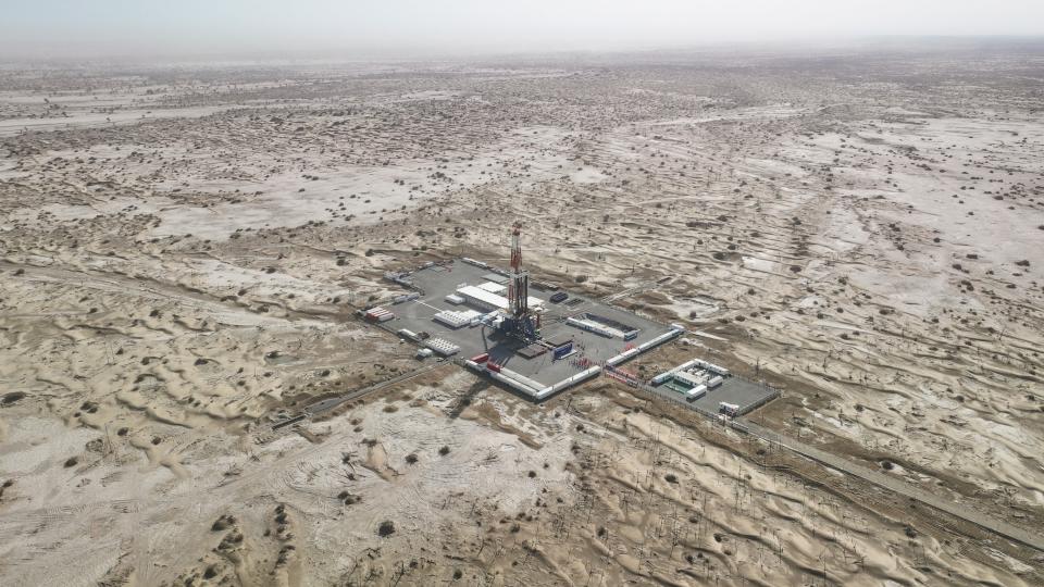 This aerial photo taken on May 30, 2023 shows the drilling project of a borehole over 10,000 meters deep for scientific exploration in northwest China's Xinjiang region.