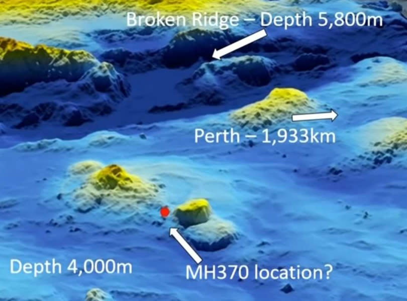 據戈弗里表示，MH370的墜毀地點，在澳洲西方約1931公里處的印度洋內，海面下方3962公尺處。（圖／翻攝自澳洲7 News）