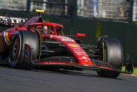 Ferrari driver Carlos Sainz of Spain steers his car during the Australian Formula One Grand Prix at Albert Park, in Melbourne, Australia, Sunday, March 24, 2024. (AP Photo/Asanka Brendon Ratnayake)