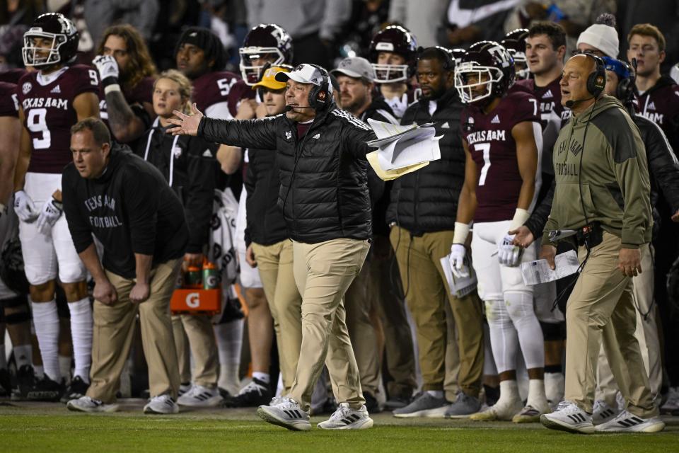 Nov 26, 2022; College Station, Texas; Texas A&M Aggies head coach Jimbo Fisher yells to the referees during the second half against the LSU Tigers at Kyle Field. Jerome Miron-USA TODAY Sports