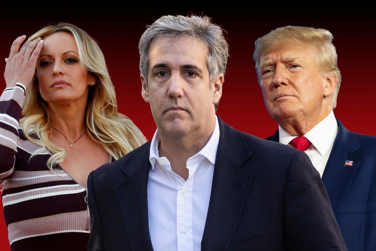 Tangled webs: Donald Trump (right) is on criminal trial in New York over alleged hush money payments made to porn star Stormy Daniels (right) ahead of the 2016 election. Mr Trump’s former fixer and attorney Michael Cohen (centre) is set to testify in court that he made payments on Mr Trump’s behalf  (AP/Reuters/Getty)