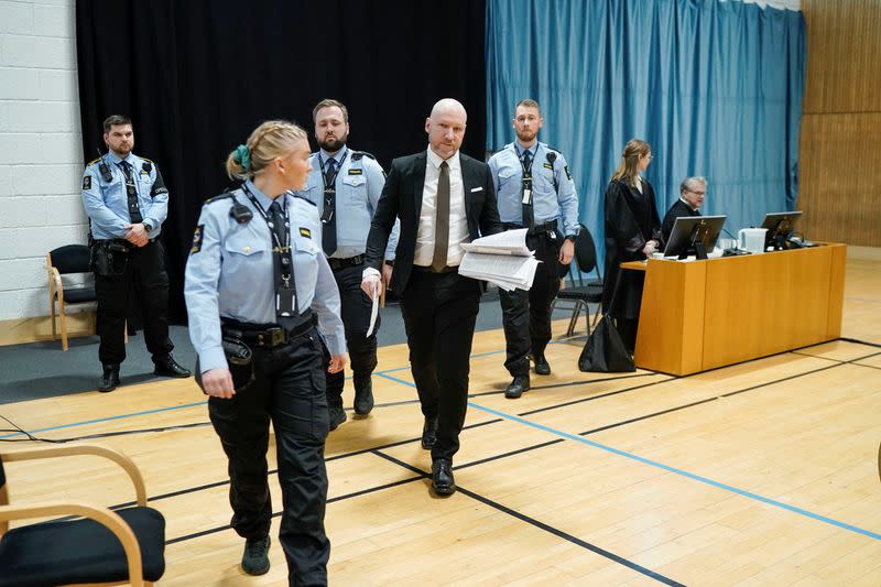 Anders Behring Breivik attends a court hearing at Ringerike prison, in Tyristrand