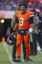 Denver Broncos quarterback Russell Wilson (3) reacts on the sideline during the first half of an NFL football game against the Las Vegas Raiders in Denver, Sunday, Nov. 20, 2022. (AP Photo/Jack Dempsey)