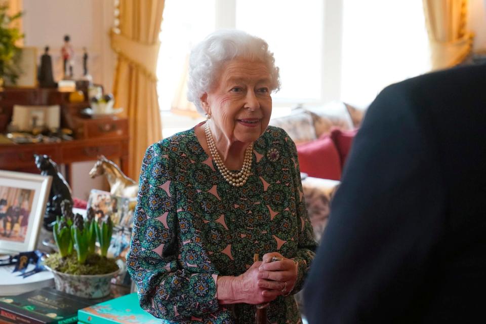 Queen Elizabeth II speaks during an audience at Windsor Castle where she met the incoming and outgoing Defence Service Secretaries on Feb. 16, 2022.