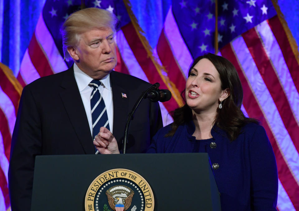 In this Dec. 2, 2017, photo, Republican National Committee Chairwoman Ronna Romney McDaniel speaks at a fundraiser with President Donald Trump. (AP Photo/Susan Walsh) (Photo: AP Photo/Susan Walsh)