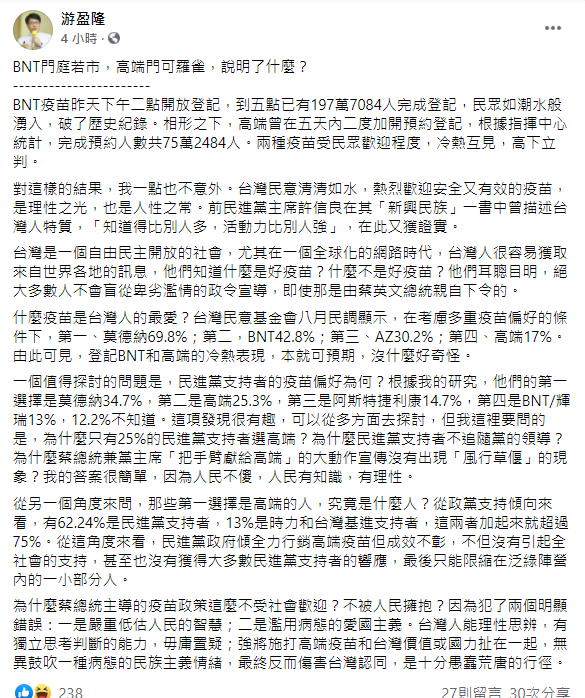 游盈隆直言蔡政府犯下2個錯誤。（圖／翻攝自游盈隆臉書）