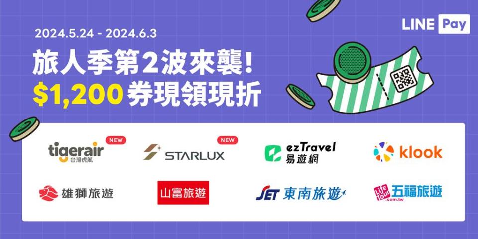 LINE Pay線上旅展第二波攜手台灣虎航、星宇航空再推優惠，官網訂機票最高可享1,700元優惠。圖／LINE Pay提供  