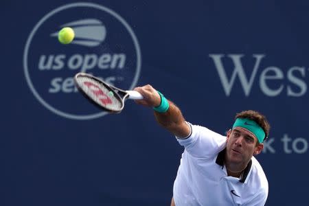 Aug 16, 2018; Mason, OH, USA; Juan Martin del Potro (ARG) serves against Chung Hyeon (KOR) in the Western and Southern tennis open at Lindner Family Tennis Center. Mandatory Credit: Aaron Doster-USA TODAY Sports