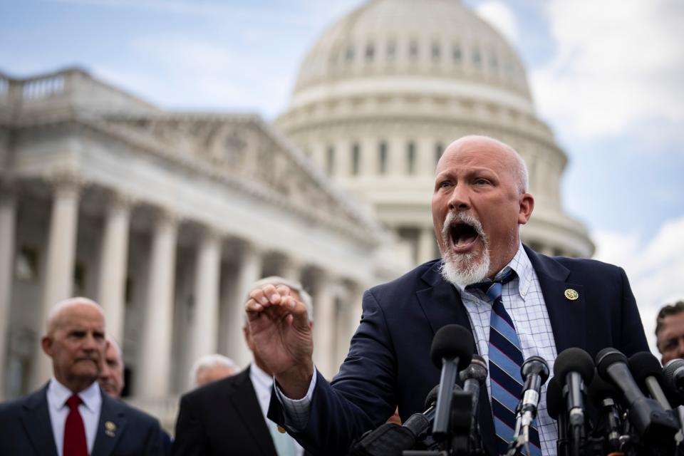 Rep. Chip Roy, R-Texas, speaks at a news conference with members of the House Freedom Caucus outside the U.S. Capitol on September 12, 2023 in Washington, DC.