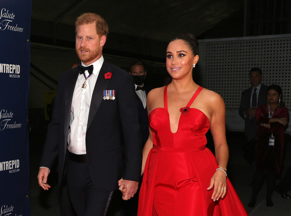 <p>Harry sported a Giorgio Armani midnight blue wool and cashmere peak lapel tuxedo pinned with four medals. He completed the look with a bow tie and the cross for Knight Commander of Royal Victorian Order around his neck.</p>