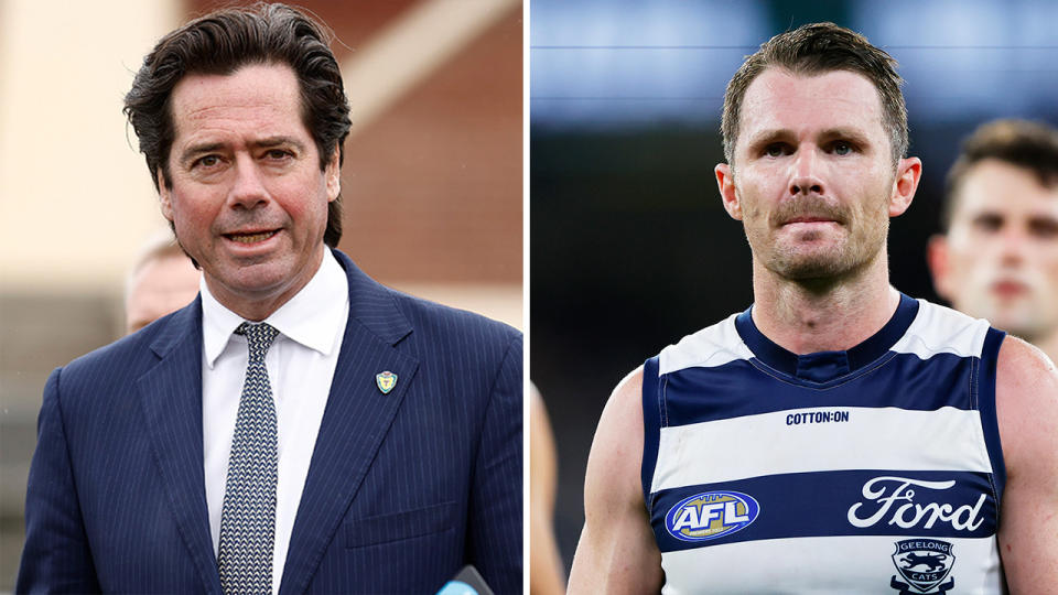 Gillon McLachlan (pictured left) during an announcement and Patrick Dangerfield walks off the field.