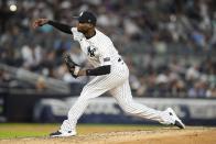 New York Yankees' Domingo German pitches during the fifth inning of a baseball game against the Tampa Bay Rays, Monday, July 31, 2023, in New York. (AP Photo/Frank Franklin II)
