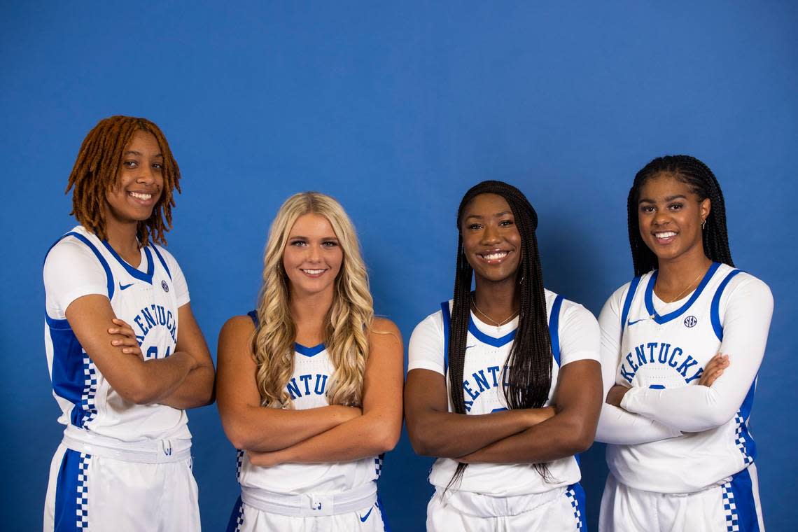 Four players from Kentucky women’s basketball’s incoming freshman class -- Zennia Thomas, left, Cassidy Rowe, Saniah Tyler and Kennedy Cambridge pose for a photo at the team’s media day in September.