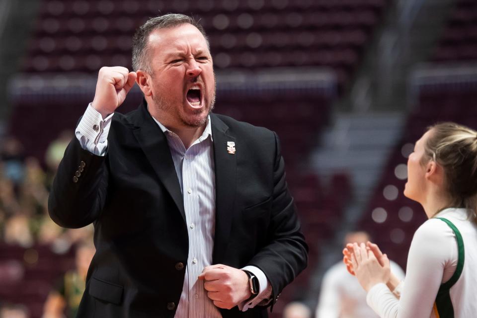 Lansdale Catholic head coach Eric Gidney reacts in the final seconds of the PIAA Class 4A Girls' Basketball Championship against Blackhawk at the Giant Center on March 25, 2023, in Hershey. The Crusaders won, 53-45.