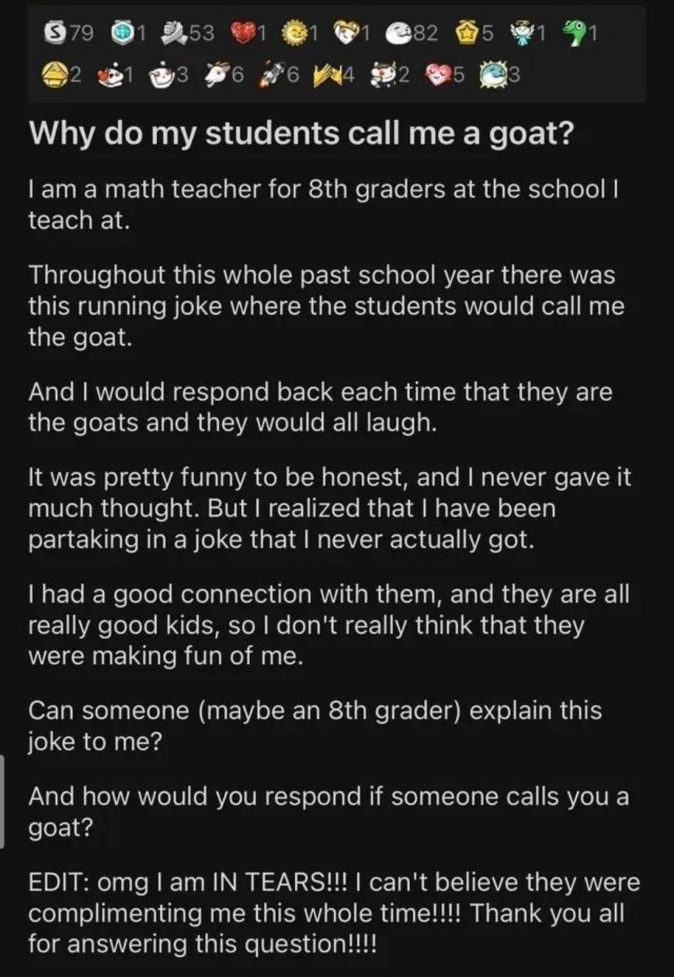 A teacher explains why students call them a goat, initially as a joke. They realize it means "Greatest of All Time" and express gratitude for the compliment